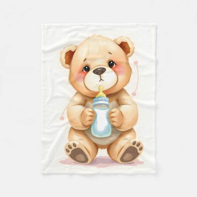 Cute Watercolor Baby Teddy Bear Illustration  Fleece Blanket (Front)