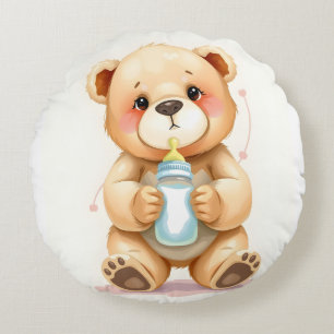 Cute Watercolor Baby Teddy Bear Illustration  Round Cushion
