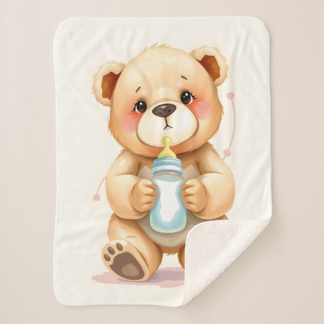 Cute Watercolor Baby Teddy Bear Illustration  Sherpa Blanket (Front)