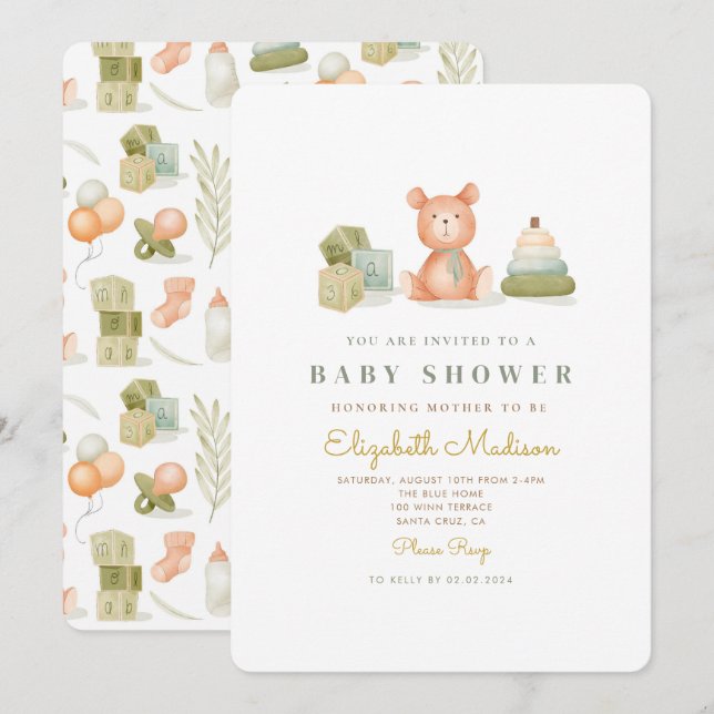 Cute Watercolor Baby Toys Baby Shower  Invitation (Front/Back)