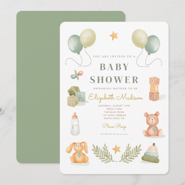 Cute Watercolor Baby Toys Baby Shower Invitation (Front/Back)