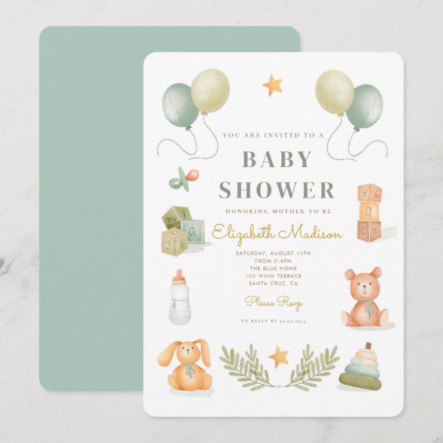 Cute Watercolor Baby Toys Baby Shower Invitation (Front/Back)