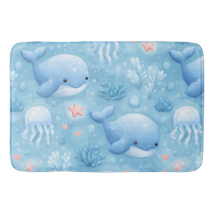 Cute watercolor baby whales bath mat