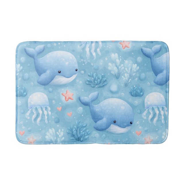 Cute watercolor baby whales bath mat (Front)