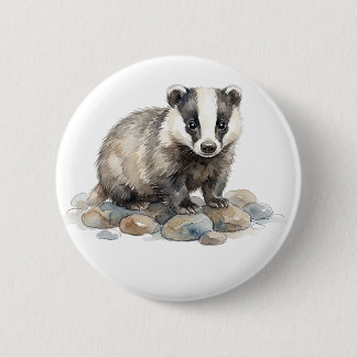 Cute Watercolor Badger Woodland Animal Button