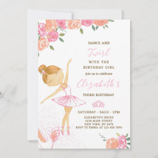 Cute Watercolor Ballerina Birthday Invitation