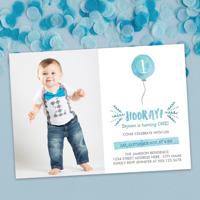 Cute Watercolor Balloon Left Photo First Birthday Invitation (Creator Uploaded)