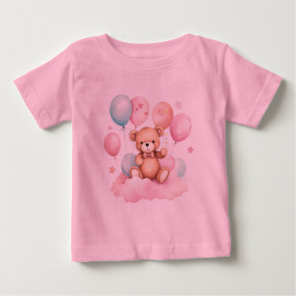 Cute Watercolor Balloon Teddy Bear on Pink Cloud Baby T-Shirt