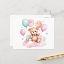 Cute Watercolor Balloon Teddy Bear on Pink Cloud