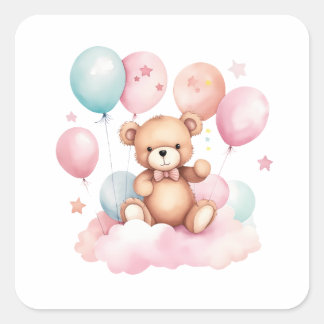 Cute Watercolor Balloon Teddy Bear on Pink Cloud Square Sticker