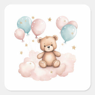 Cute Watercolor Balloon Teddy Bear Square Sticker