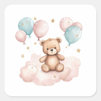 Cute Watercolor Balloon Teddy Bear Square Sticker