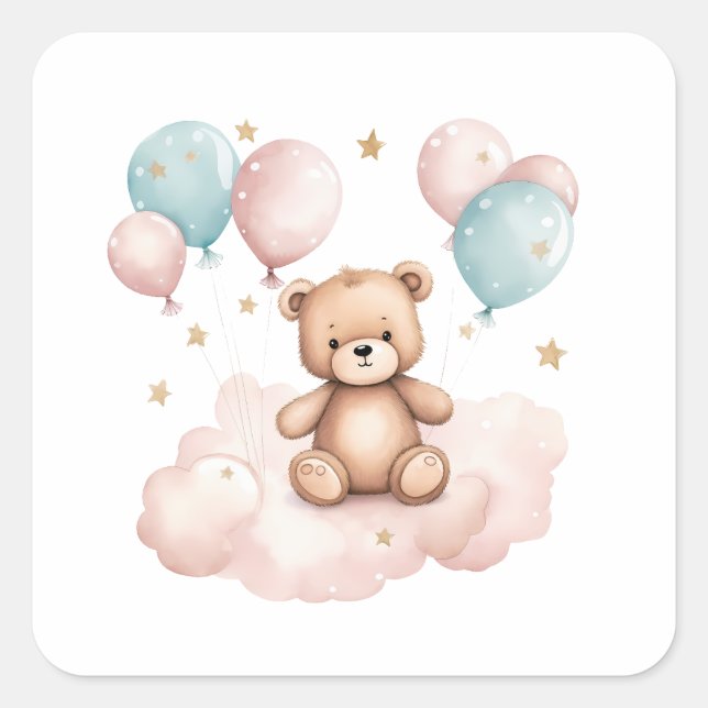 Cute Watercolor Balloon Teddy Bear Square Sticker (Front)