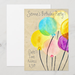 Cute watercolor balloons colourful birthday party invitation