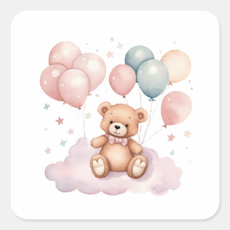 Cute Watercolor Balloons Teddy Bear on Cloud Square Sticker