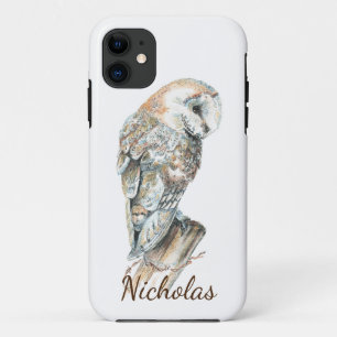 Cute Watercolor Barn Owl Bird Custom Name iPhone 11 Case