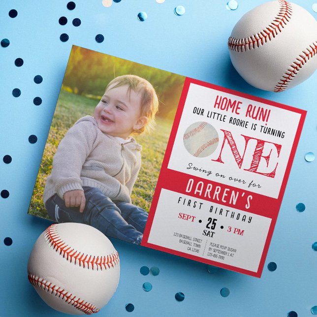 Cute Watercolor Baseball Photo 1st Birthday Invitation (Creator Uploaded)