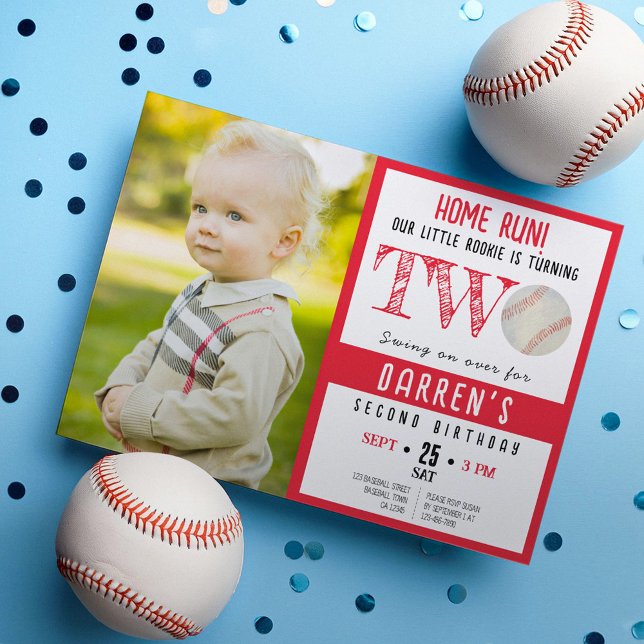 Cute Watercolor Baseball Photo 2nd Birthday Invitation (Creator Uploaded)