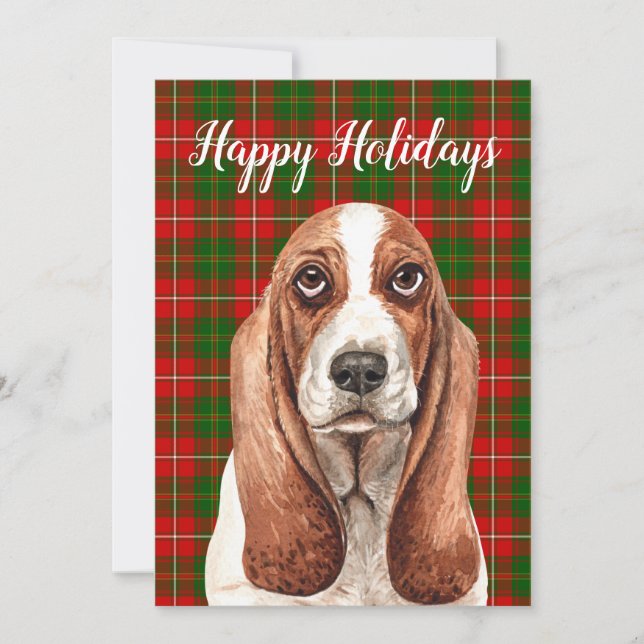 Cute Watercolor Basset Hound Custom Holiday Card (Front)