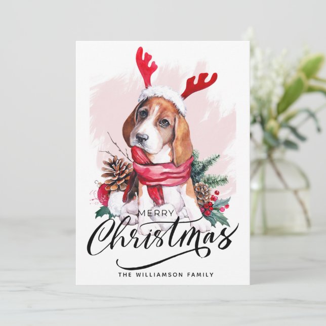 Cute Watercolor Beagle Dog Christmas Card (Standing Front)