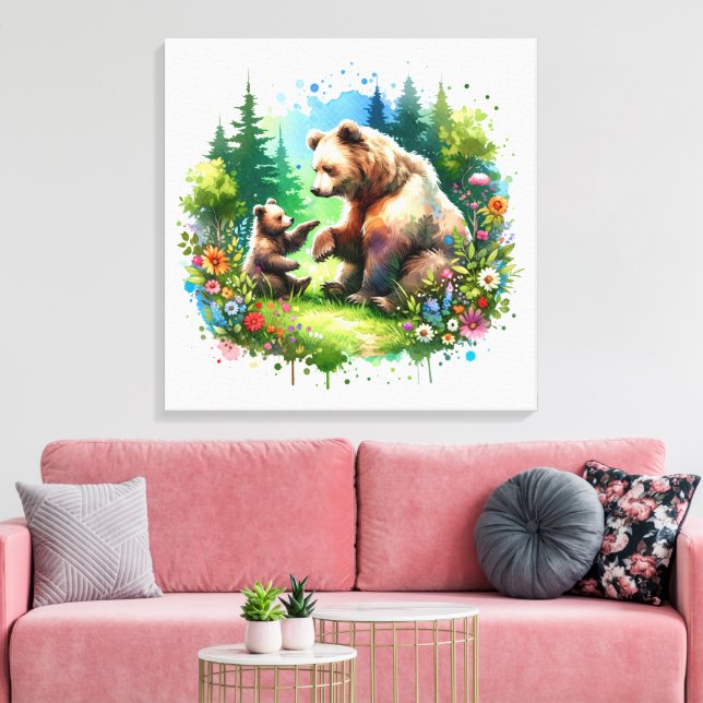 Cute Watercolor Bear and Cub Canvas Print (Insitu(LivingRoom))