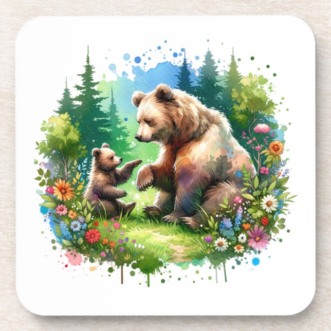 Cute Watercolor Bear and Cub  Coaster (Front)