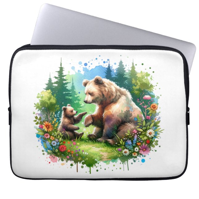 Cute Watercolor Bear and Cub Laptop Sleeve (Front)