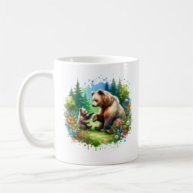Cute Watercolor Bear and Cub Personalised Coffee Mug (Left)