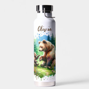 Cute Watercolor Bear and Cub Personalised Water Bottle