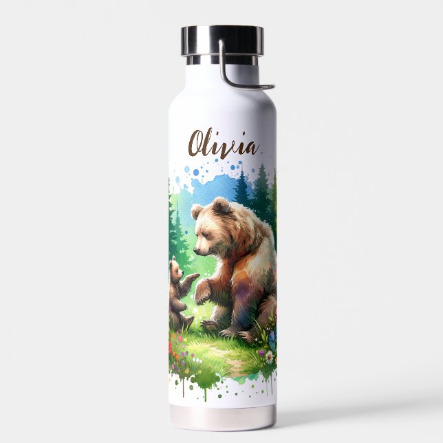 Cute Watercolor Bear and Cub Personalised Water Bottle (Left)