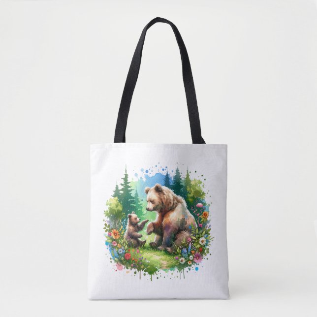 Cute Watercolor Bear and Cub Tote Bag (Front)