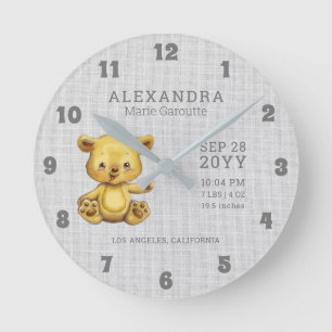 Cute Watercolor Bear Baby Birth Stats Nursery Round Clock