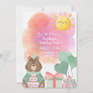 Cute Watercolor Bear Birthday Invitation
