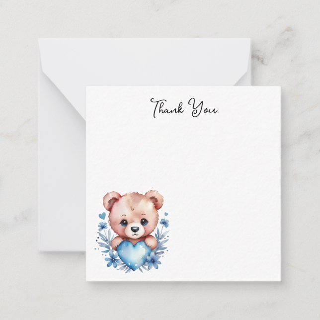 Cute Watercolor Bear, Blue Heart Thank You Card (Front)
