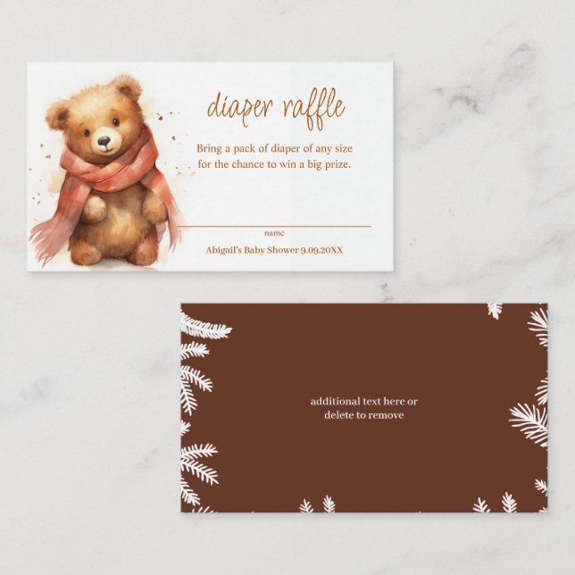 Cute Watercolor Bear Diaper Raffle Baby Shower Enclosure Card (Front/Back)