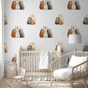 Cute Watercolor Bear Family Boho Nursery Wallpaper