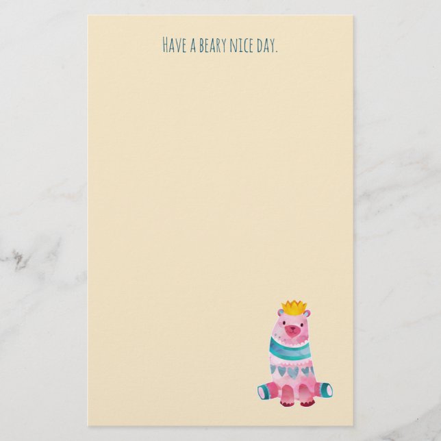 Cute Watercolor Bear Have a Beary Nice Day Stationery (Front)
