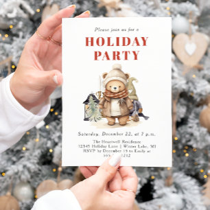 Cute Watercolor Bear Holiday Party Invitation