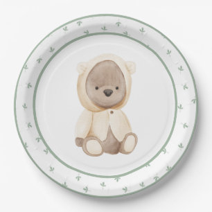 Cute Watercolor Bear in Raincoat Baby Shower Paper Plate