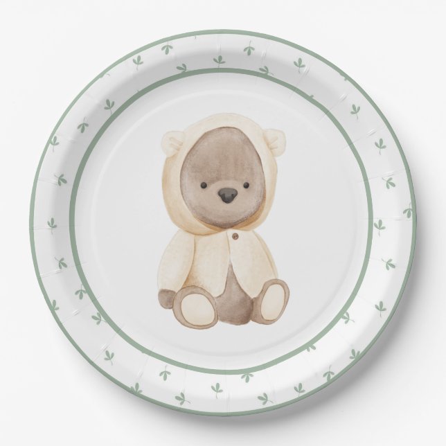 Cute Watercolor Bear in Raincoat Baby Shower Paper Plate (Front)