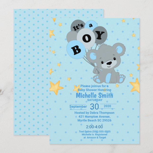 Cute Watercolor Bear Its a Boy Balloons Invitation (Front/Back)