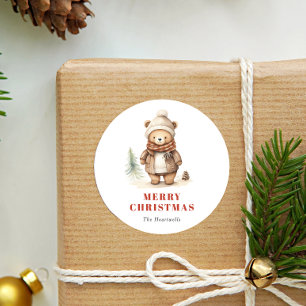 Cute Watercolor Bear Merry Christmas Holiday Classic Round Sticker