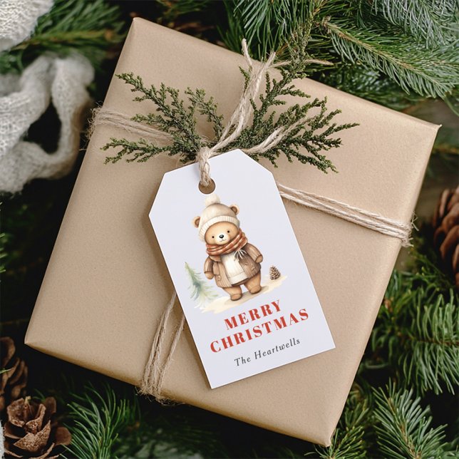 Cute Watercolor Bear Merry Christmas Holiday Gift Tags (Creator Uploaded)