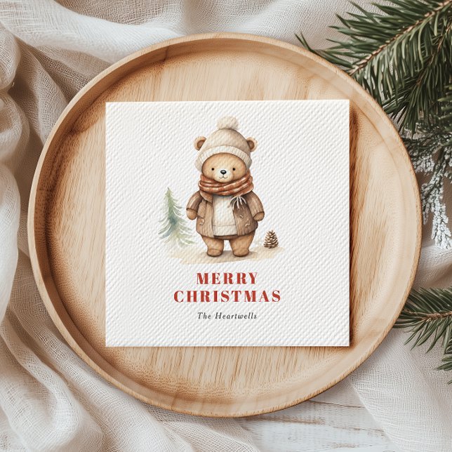 Cute Watercolor Bear Merry Christmas Holiday Napkin (Creator Uploaded)