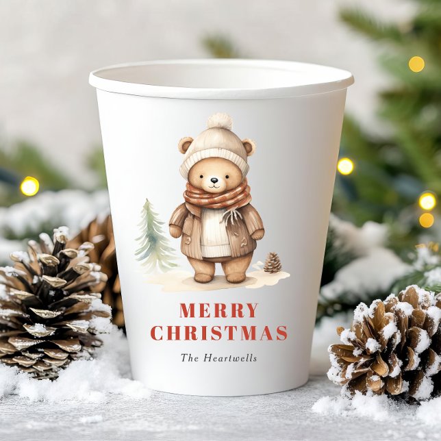 Cute Watercolor Bear Merry Christmas Holiday Party Paper Cups (Creator Uploaded)