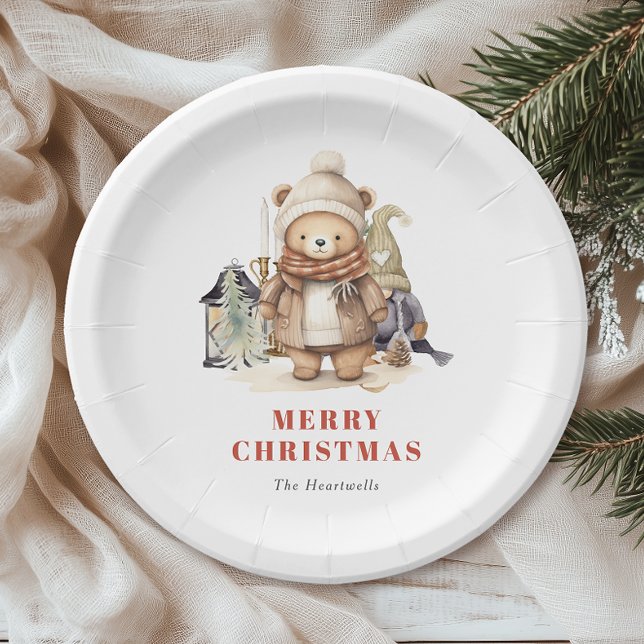 Cute Watercolor Bear Merry Christmas Holiday Party Paper Plate (Creator Uploaded)