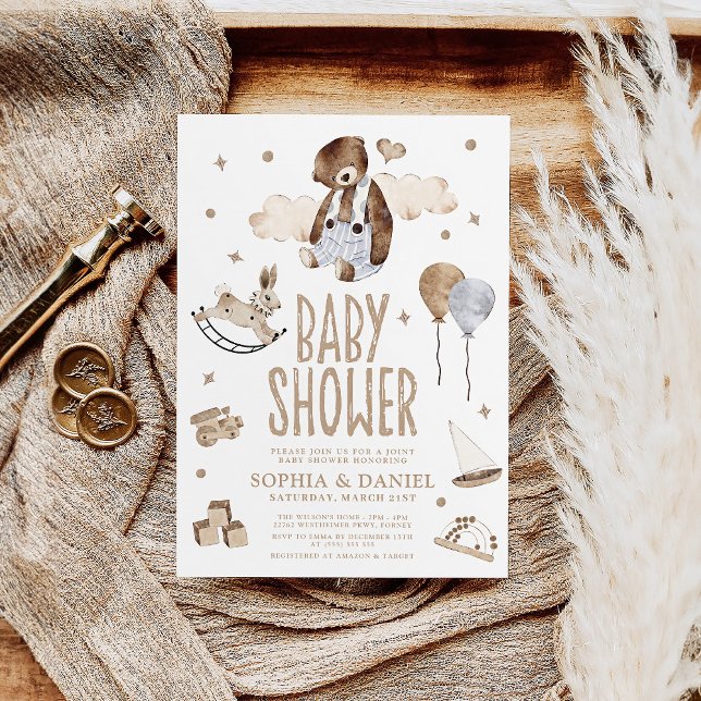 Cute Watercolor Bear Modern Boho Baby Shower Invitation (Creator Uploaded)