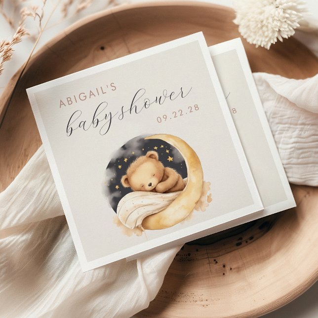 Cute Watercolor Bear Over the Moon Baby Shower Napkin (Creator Uploaded)