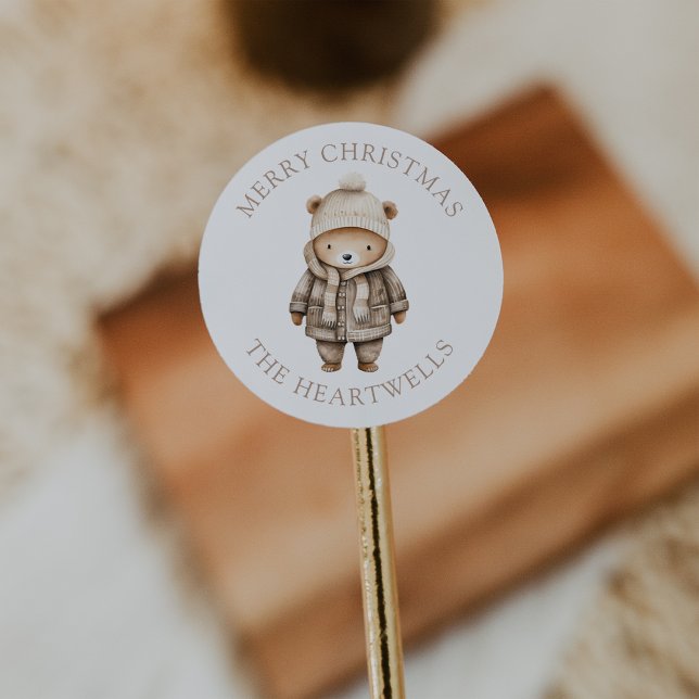 Cute Watercolor Bear Personalised Merry Christmas Classic Round Sticker (Creator Uploaded)
