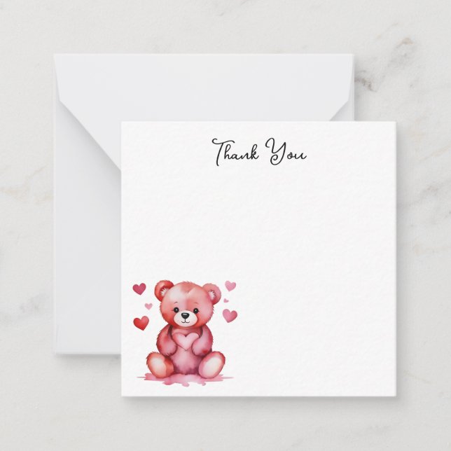 Cute Watercolor Bear, pink Heart Thank You Card (Front)